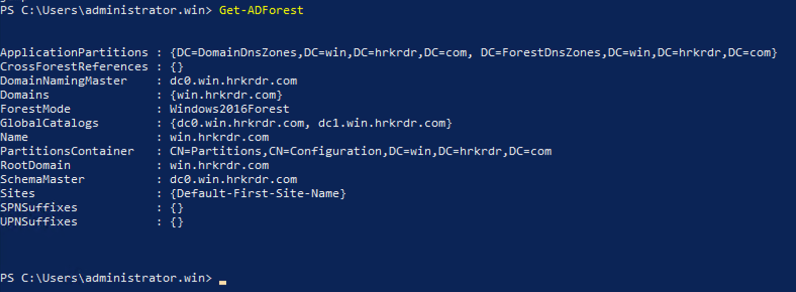 Get-ADForest Output /imgs/2021.03_dirsrv1_getforest.png